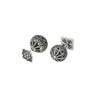 Oxidized Silver Floral Ball Stud Earrings