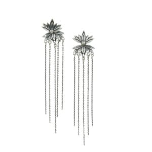 Floral Silver Drop Earrings with Long Chain Tassels